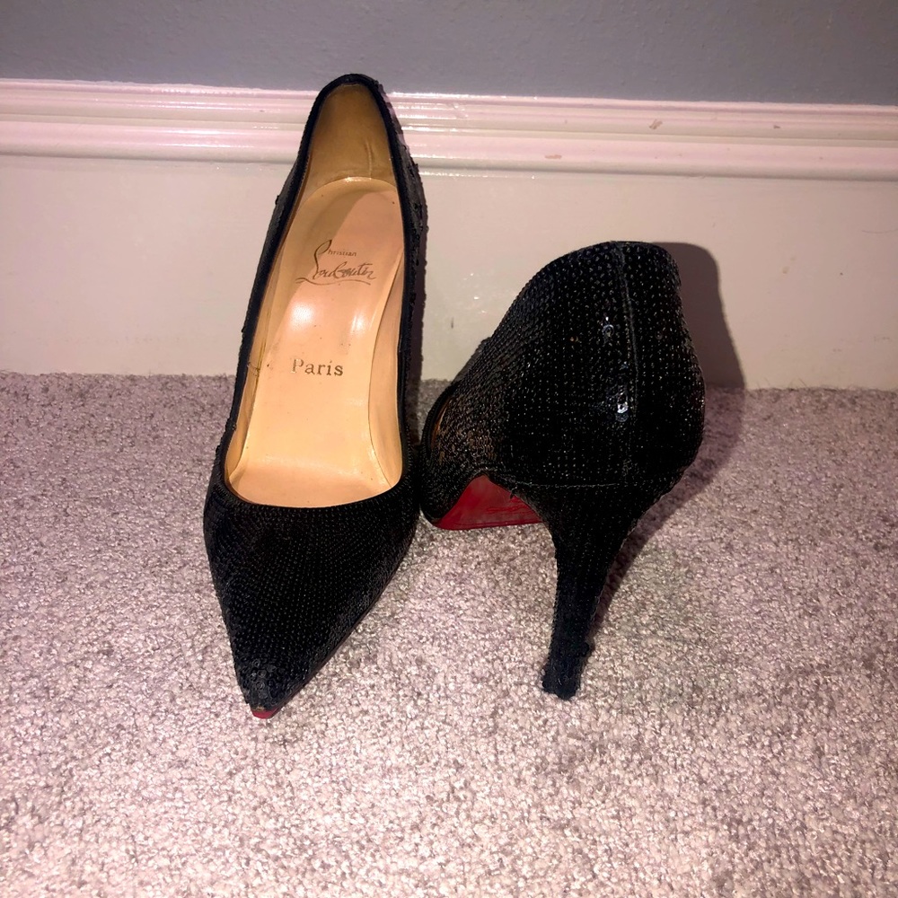 Black Christian Louboutin red bottom sequenced pointed toe heeled pumps